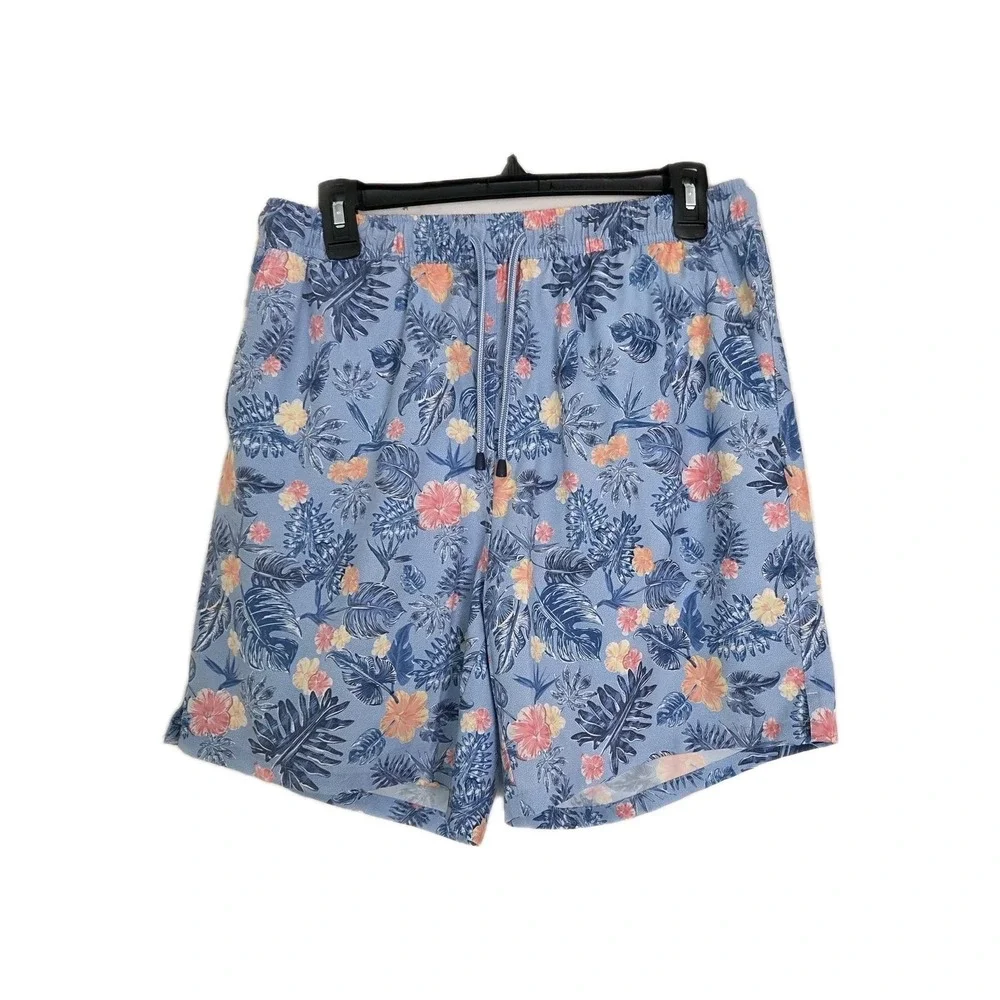 Peter Millar‎ Mens Tropical/ Floral Print Blue Swim Trunks Elastic Waist Size LG